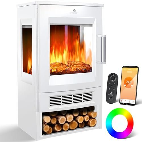 KESSER® Cheminée électrique avec chauffage, fenêtre panoramique, ventilateur chauffant, effet de flamme LED avec 9 modes de couleur, télécommande, application WiFi, 900/1800 W, avec thermostat (Blanc)