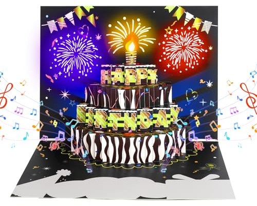Cardaros Biglietti di compleanno, biglietti di auguri pop-up con luci e suoni, fuochi d'artificio, regali di compleanno per donne, uomini, mamme, sorelle, mogli e bambini