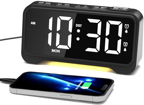 Sveglia digitale a LED con numeri grandi, sveglia forte con luce notturna e collegamento di alimentazione, luminosità e volume regolabili, doppio allarme, orologio da comodino per camera da letto