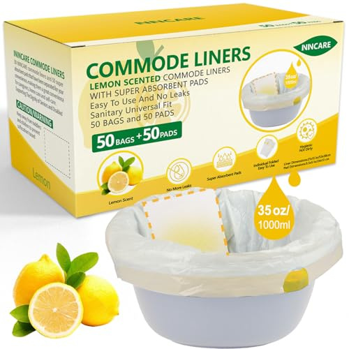 ININCARE Commode Liners with Absorbent Pads for Bedside Commode, 50 Lemon Scented Bedside Commode Liners and 50 Commode Pads, Commode Toilet ＆ Camping Toilet Bags