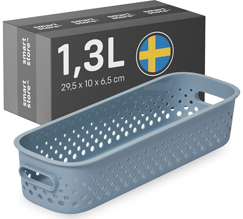 SmartStore Storage Basket with Handles in Blue 1.3L (29.5x10x6.5cm) | Small Storage Bin from Recycled Plastic | Essence Slim Plastic Storage Box| Storage with 10-year Warranty