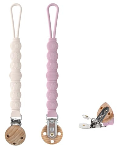 KUKUPOW Lot de 2 chaînes porte-tétine, porte-tétine, fabriqué en silicone alimentaire, avec clip bois hêtre naturel (beige + rose clair)