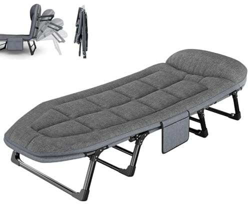 2M Large Folding Camp Beds for Adults with Cushion and Pillow, Portable Travel Camping Cot for Sleeping, Adjustable Positions, Lightweight Tent Cot, Office Nap Rest Bed, Supports 330 lbs, Grey