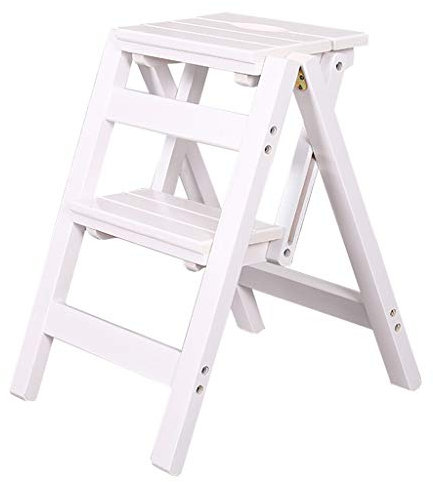 Taburete plegable de madera de 2 escalones, escalera multifuncional para cocina, oficina, biblioteca, capacidad de 150 kg, diseño de ahorro de espacio, color blanco