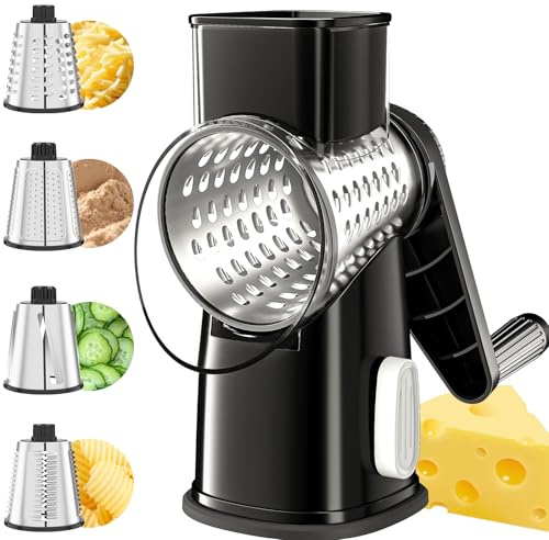 VEKAYA Rotary Cheese Grater Hand Crank with 4 Interchangeable Stainless Steel Blades, Large Manual Handle Shredder and Waffle Slicer for Vegetables, Cheese and Nuts with Table Suction Base (Black)