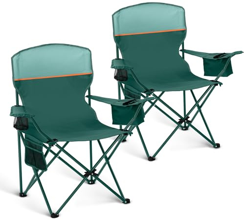LET'S CAMP Lot de 2 chaises de camping pliantes jusqu'à 120 kg Vert | Chaise de pêche pliable avec accoudoirs et porte-gobelets