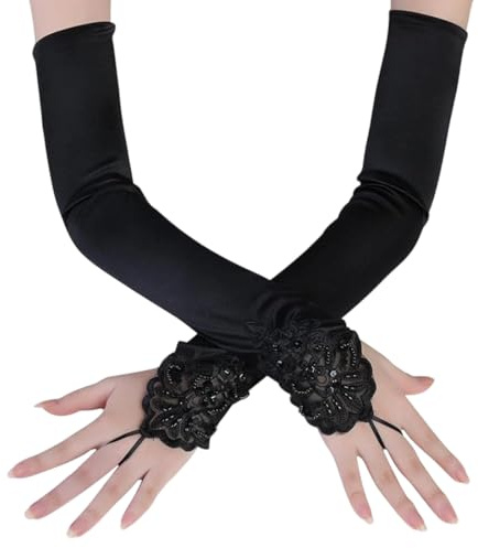 WEGLOK Gants Longs Noirs sans Doigts, Dentelle Vintage, Taille Unique 42 cm, pour Filles et Femmes Adultes, Noir