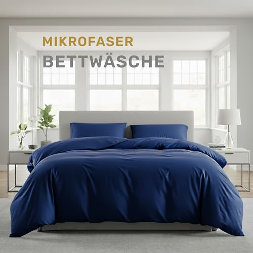 Lavea® Bettwäsche 200x220 cm, 3-teilig, 1 Bettbezug 200x220 cm, 2 Kissenbezüge 80x80 cm, Mikrofaser, weich, atmungsaktiv, pflegeleicht, hypoallergen, Markenreißverschluss, Bettwäsche-Sets Navyblau