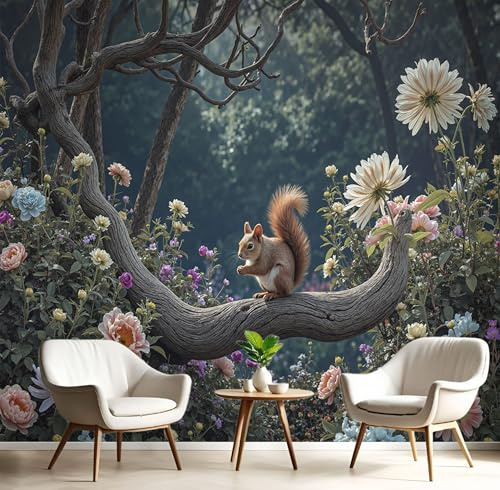 Carta Da Parati Fotografica Fiori Naturali Pini Premium Seta - Animali Della Foresta - 200X140Cm - Fotomurali Decorazione Murale Moderna Verde Scuro Poster Gigante Camera Da Letto Soggiorno