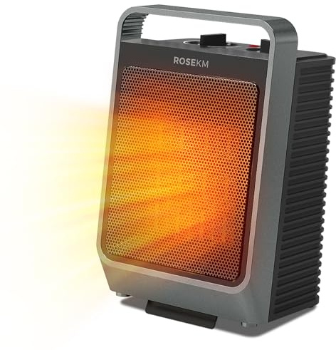 ROSEKM Space Heaters for Indoor Use, 1500W Portable Electric Heater with Thermostat, Ceramic Heater for Room Bedroom Office Under Desk with 3 Heating Levels, Safe Tip-Over Protection (Grey)