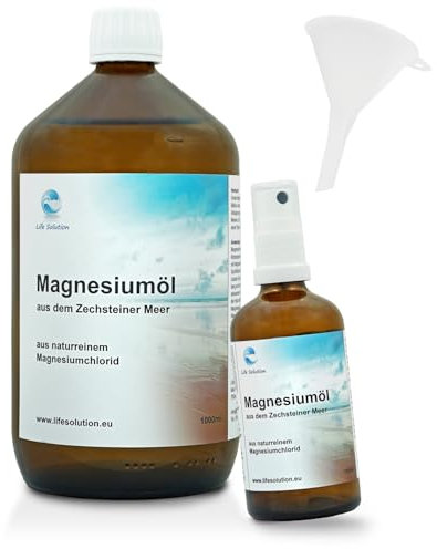 Life Solution - Zechstein Magnesiumöl - Pures Magnesium-Öl Spray - Massageöl - Muskelentspannungsöl - Zechstein Öl mit Sprühflasche/Trichter - 1000ml