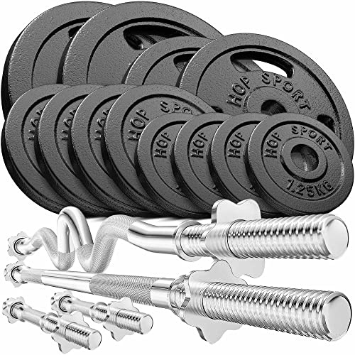 HOP-SPORT® Set d'Haltères en Fonte 66 kg, Deux Barres Courtes, Barre Longue et Super SZ-Curl, Kit de Disques de Poids Ajustables pour Musculation à Domicile, Ensemble d’haltères avec Poids