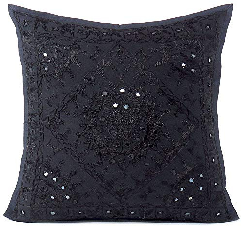 Eyes of India - Miroir Brodé Canapé Décoratif Coussin Étui Bohème Accent Boho Chic Plein de Couleurs Indien Fait Main Housse - Noir, 24 X 24 in. (60 X 60 cm)