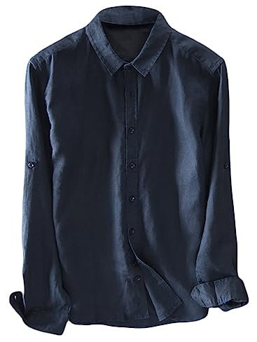 Icegrey Camicia Uomo Camicie di Lino a Maniche Lunghe Camicie da Spiaggia Profondo Blu 56 (6XL EU)