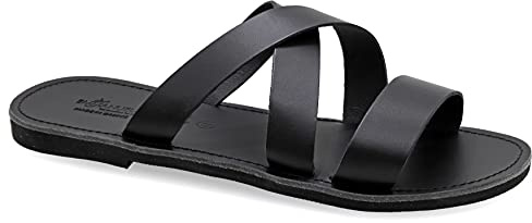 Emmanuela Gammalgrekiska lädersandaler för män, högkvalitativa handgjorda herrsandaler med öppen tå, glide sommarskor, slide remsandaler, svart, 42 EU