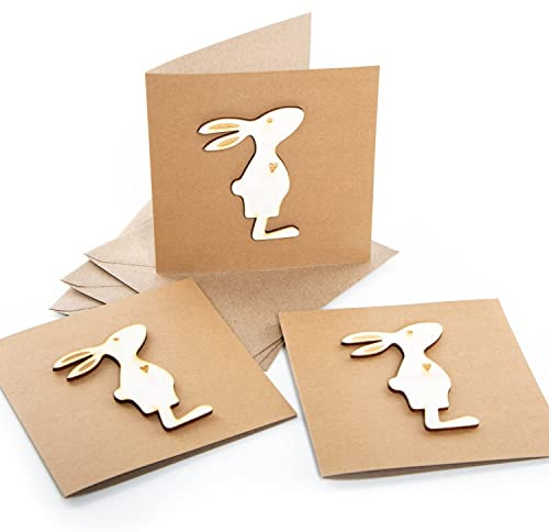 Logbuch-Verlag Lot de 3 cartes de Pâques avec lapin de Pâques en bois – Carte pliable vierge pour écrire avec enveloppe – Carte de vœux de Pâques 15 x 15 cm