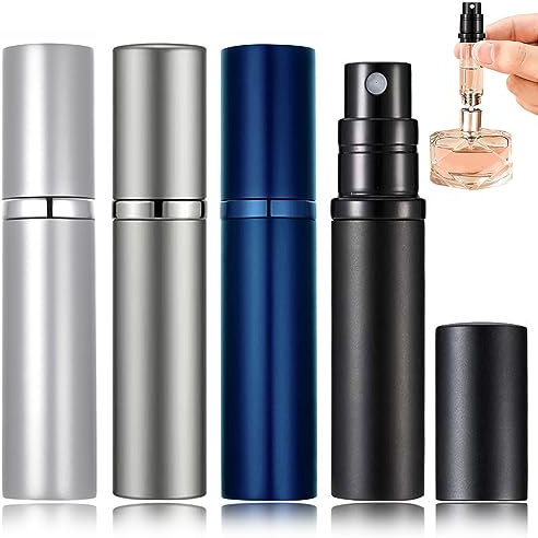 POTWPOT Refillable Travel Perfume Atomizer, 4 Pack Travel Perfume Atomiser Refillable Perfume Bottle for Men and Women with 5ml Pocket Size (Black & Blue & Grey & Silver)