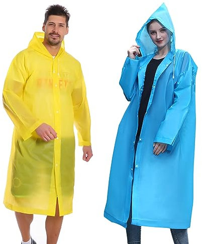 Ceboic 2 Pack Rain Poncho Waterproof Raincoats, Portable Reusable Rain Coat Jacket with Hood, Lightweight Sports Rain Cover Poncho Adult for Camping, Hiking Travel, Outdoor Activities (Yellow+Blue)