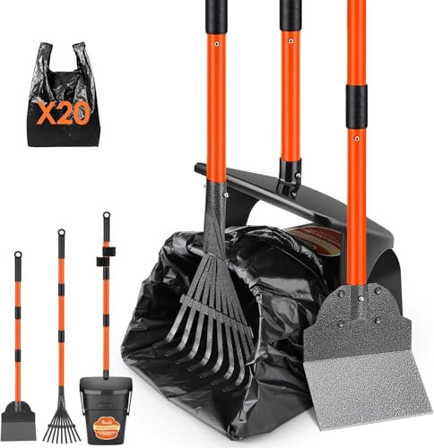 Eyein Dog Pooper Scooper - 95cm Long Handle Adjustable Swivel Bin & Rake & Spade Kit with 20 Waste Bags - Portable Dog Pooper Scooper for Large Medium Small Pet Cat Dog Outdoor Yard Grass Gravel Lawn