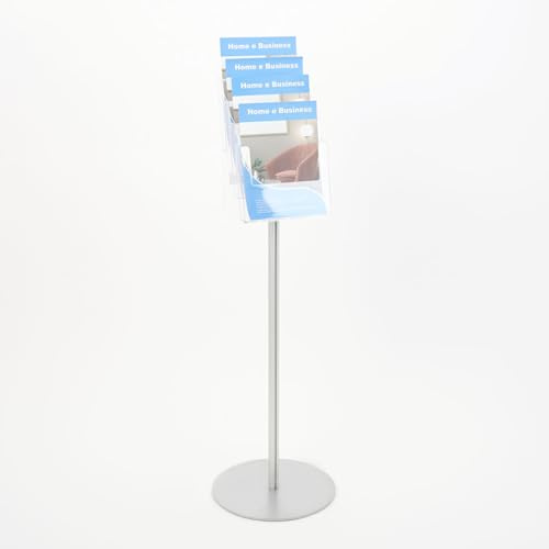 Danieli - Porta Depliant da Terra in Acrilico Trasparente A4 con 4 tasche, per Riviste e Brochure. Porta Volantini Resistente da Utilizzare come Espositore per Ufficio e Negozi. (Alluminio Silver)