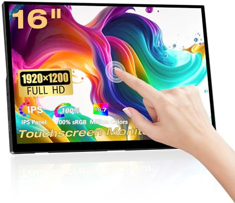 Pisichen Portable Monitor Touchscreen, 16 Inch 1920X1200P Touch Screen Laptop Monitor IPS Display with HDMI USBC Port, 300cd/m², External Monitor for Laptop PC Phones Computer Xbox