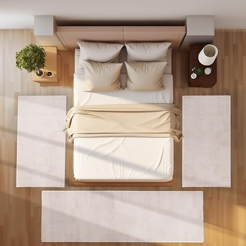 SIMPEX Tappeto passatoia per camera da letto, corridoio, tappeto da cucina, a pelo corto, set da 3 pezzi, stile boho, design moderno, morbido, beige