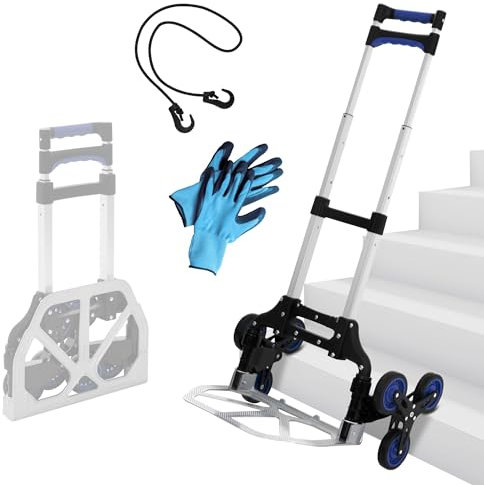 ECD Germany Diable à Escalier Pliable, en Aluminium, Diable de Transport avec 6 Roues/Poignée Télescopique, Diable à Main + Gants et Sangle de Serrage, Diable d'Empilage, Capacité de Charge 80 kg