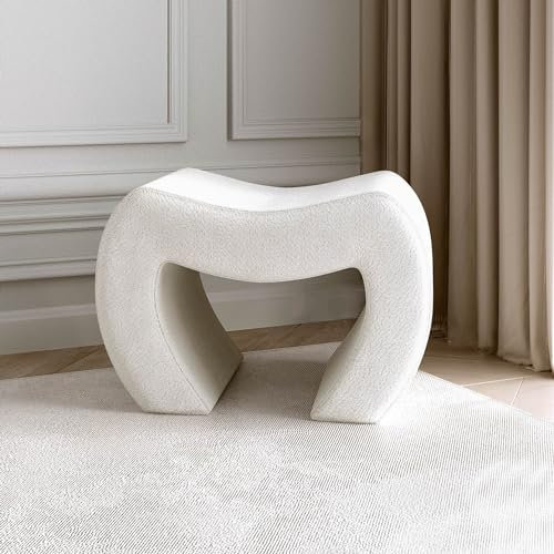 FABS Fabric Foot Stool - Modern Curved Design, Soft Cassie Ivory Bouclé Fabric Footstool - Upholstered Ottoman Footstools for Living Room, Lounge, Bedroom Decor - Compact Design, 36.5 x 53 x 37cm