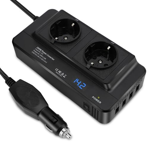 Convertisseur Transformateur Chargeur pour Voiture 12v 220v, 200 W Prise Allume Cigare Onduleur de Voiture Adaptateur avec 4 Ports USB et 2 Prises EU, Convertisseur de Puissance