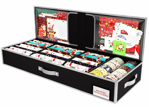 KYEVIS Geschenkpapier Aufbewahrung für Weihnachtsgeschenkpapier, Geschenkpapier Organizer mit Fächern für Schleifen, Anhänger, Schere und Bänder(Schwarz)