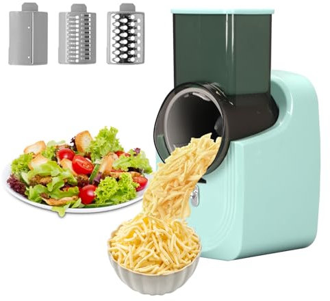 mumisuto Electric Cheese Grater, Electric Grater for Kitchen with Large Chute, Automatic 3 in 1 Rotary Cheese Grater Vegetable Slicer Electric Grater for Cheese and Vegetables with 3 Blades (Green)