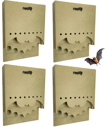 NestQ | Pack De 4 Cajas De Murciélagos para Exterior - Diseño En Forma De Murciélago - Doble Cámara con Separador Extraíble - Instalación Fácil con Ganchos - Material Resistente para Todo Clima