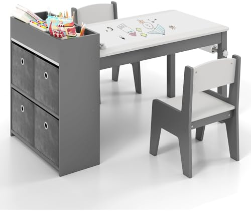 COSTWAY Juego de Mesa y Sillas para Niños, Escritorio de Dibujo con 2 Sillas, Rollos de Papel y Soporte para Papel, Compartimentos y Estantes Abiertos,4 Cestas,Mesa de Actividades para Niños (Gris)