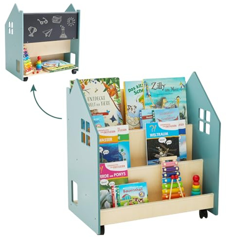 DENMOSTY Bokhylla barn med tavla och hjul, Montessori barnhylla barnbokhylla med 3 fack, leksaksförvaring böcker hylla barnrum, leksakshylla förvaringshylla av trä
