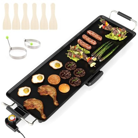 COSTWAY 70cm elektrische Grillplatte, Teppanyaki Grill antihaftbeschichtet, BBQ-Grill mit einstellbarer Temperatur, Thermostaten und Tropfschale, Elektrogrill für drinnen und draußen
