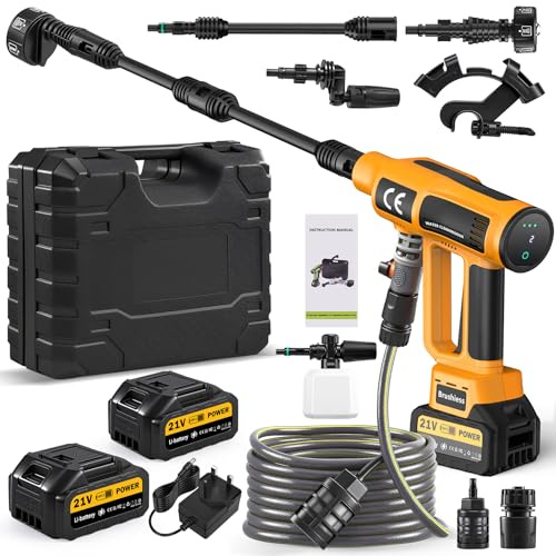 Worshow Idropulitrice a Batteria, 21V 200 Bar Idropulitrice Portatile con 2 x 3000mAh Batterie, Ugello 6 in 1 & Tubo da 5m per Pulire Pavimenti, Auto, Giardini - Giallo