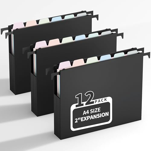 Uquelic Lot de 12 Dossiers Suspendus A4 avec Onglets et Couleur Macaron Intercalaires, Extensible 5 cm, Dossier Suspendu Grande Capacité en Plastique pour Meuble Dossier Suspendu, Bureau, Maison