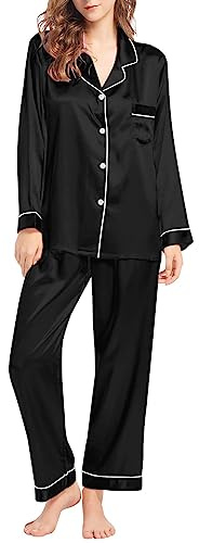 Pijama Mujer Invierno Otoño Seda Satén Conjunto de Pijamas con Camiseta Botones Manga Larga y Pantalón Largo Ropa para Dormir 2 Piezas Top y Pantalones Talla Grande Cómoda Transpirable Loungewear