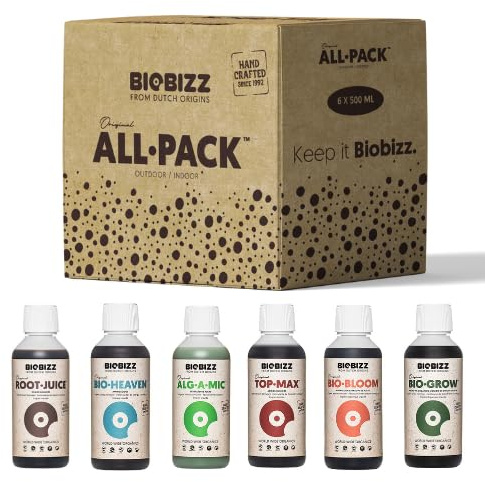 biobizz all pack kit fertilizzanti biologici completo indoor outdoor 250ml 500ml nutrienti organici bio grow bloom top max root juice alg a mic acti vera fish mix grow (6 x 250 ml, Indoor)