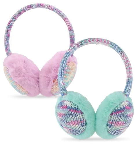 JynkChrenzic Kids Earmuffs for Girls 3-10 Years - 2Pcs Adjustable Winter Warm Plush Ear Muffs for Toddler to Teen, Knit Ear Covers Hands Warmer for Skiing & Outdoor Activities (Purple & Blue)