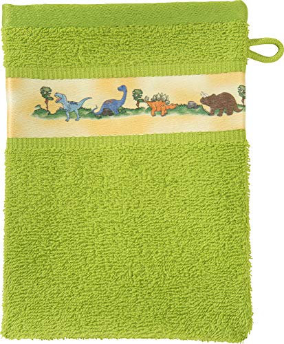 Erwin Müller Walk-Frottier Kinder-Waschhandschuh mit Dino-Motiv grün Größe 15x21 cm - kuschelweich, atmungsaktiv, besonders schnell trocknend und saugstark