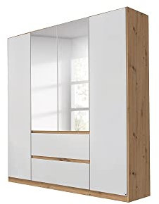 Rauch Möbel Mainz Schrank Kleiderschrank Drehtürenschrank Weiß-Eiche Artisan, Holz, 4-türig Spiegel, 2 Schubladen, Zubehörpaket Basic 3 Einlegeböden, 3 Kleiderstangen, grifflos BxHxT 181x210x54 cm