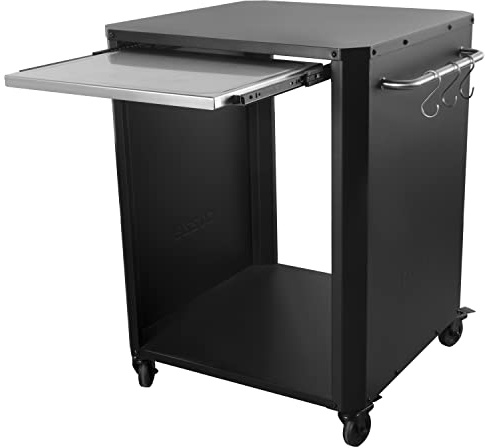 Cozze® | Utomhusbord med utdragbar skärbräda | För pizzaugnar upp till 60 cm | Sidohandtag med 6 krokar i rostfritt stål | Gummihjul Ø75 mm | Plats för gasolflaska | Svart stål med pulverlack