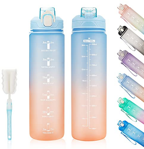 YC Kitchen Botella Agua Motivacional, Botella de Agua de 1Litro para beber, fugas a prueba de fugas y no BPA, Botella Agua Niños Deportiva con correa de paja y transporte