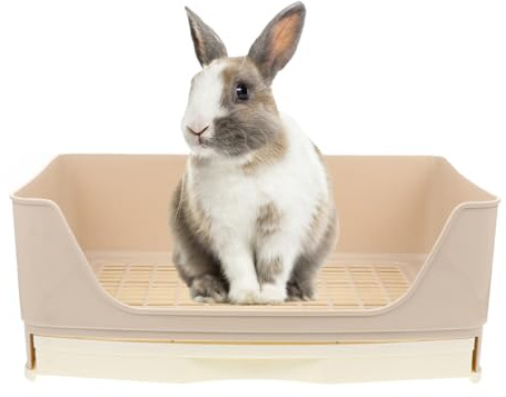 POPETPOP Large Rabbit Litter Tray with Hay Rack 16 Inch Drawer Style Bunny Toilet for Guinea Pig Chinchilla Small Pets Indoor Use