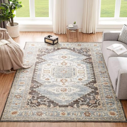 CHOSHOME Waschbarer Teppich Wohnzimmer 120x170CM Teppiche Schlafzimmer Vintage Kurzflor Teppich Flauschiger rutschfest Teppiche Braun