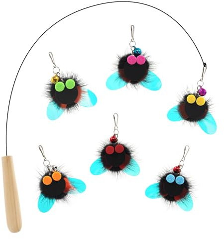 SONGWAY Juguete de Varita para Gatos - 7 Piezas Juguetes Interactivos para Gatos,1 Varitas Retráctales y 6 Insectos Peludo de Recambio con Campanas, Caña Gatos Juego para Gatos y Gatitos