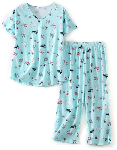 CHUNG Women Pyjama Set Short Sleeve Top Capri Pants Cotton Blend Loungewear Pjs Floral Animal Print S-3XLSled Dog, L