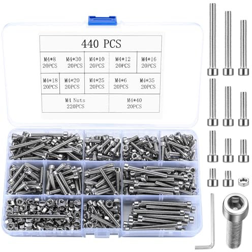 440 Stück M4 Schraubensatz, Edelstahl Sechskantschrauben mit Muttern und Unterlegscheiben, Schrauben Muttern und Unterlegscheiben Sortiment, Sechskantschrauben-Satz mit 2 Stück Schraubenschlüsseln