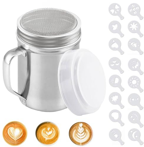 Powder Shaker Stainless Steel Chocolate Powder with Fine Mesh Sieve Sifter Icing Sugar Duster with Handle and Lid with 16 Moulds for Cappuccino Cocoa Creams Coffee Spice